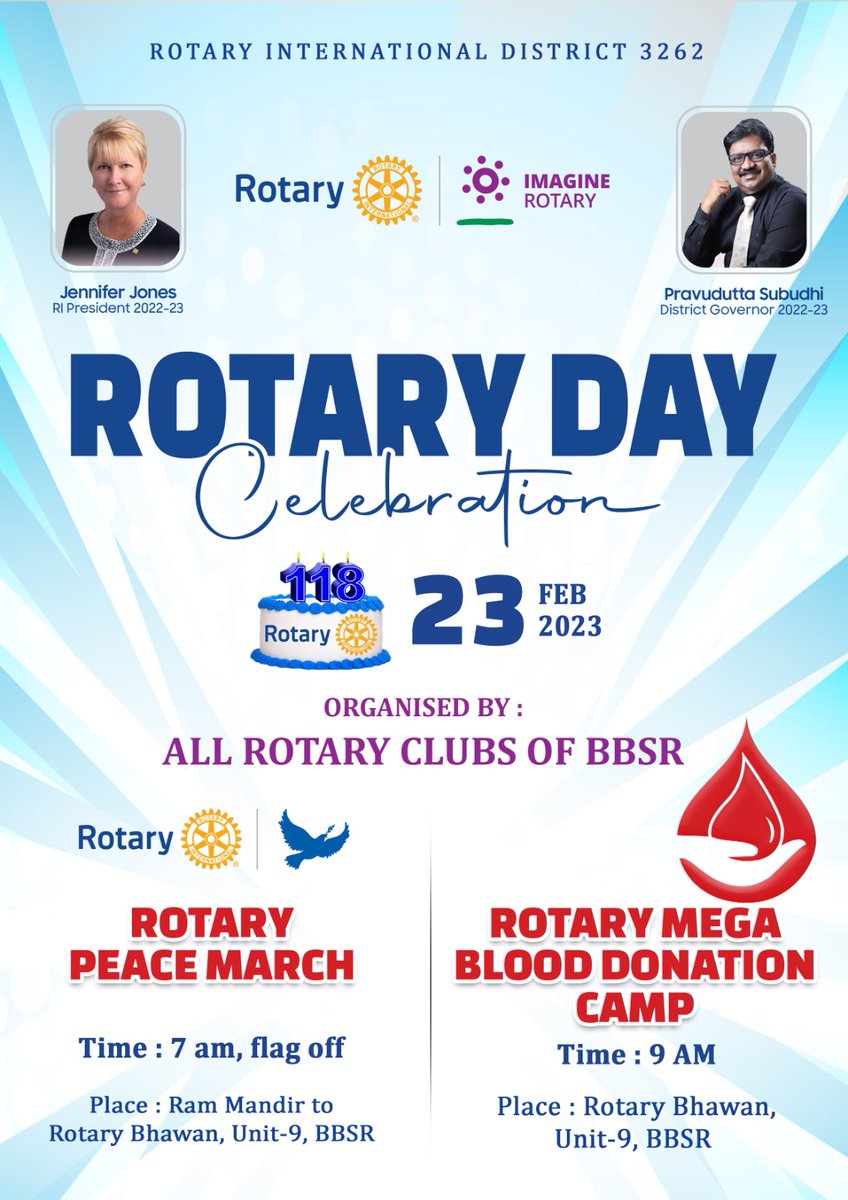 RotaryNeeladri's tweet photo. Rotary day celebration on 23rd February 2023 at Bhubaneswar.  Let's join in Rotary Peace Rally From Ram Mandir to Rotary Bhawan and celebrate the 118th Rotary birth anniversary with donate blood. https://t.co/OXtUlEnrSa