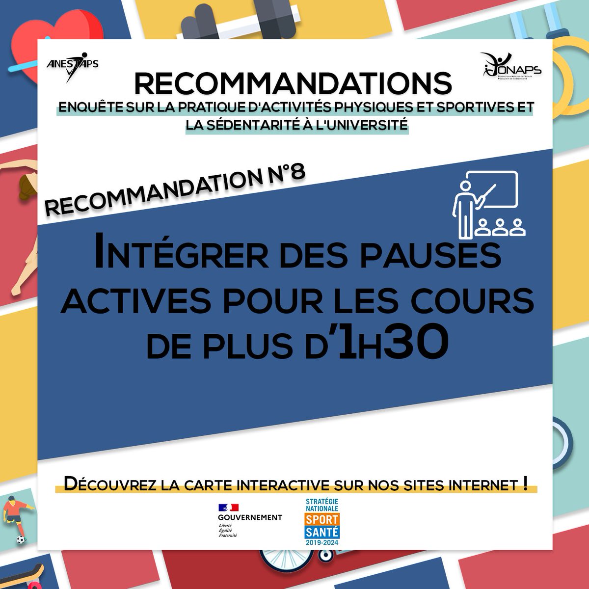 De l’activité physique lors des pauses ? 👀
22 recommandations pour promouvoir l’activité physique et lutter contre les comportements sédentaires en milieu universitaire à retrouver ici : bit.ly/3KcIypZ  <a href="/ANESTAPS/">ANESTAPS</a> <a href="/Sports_gouv/">Ministère des Sports 🇫🇷</a>
