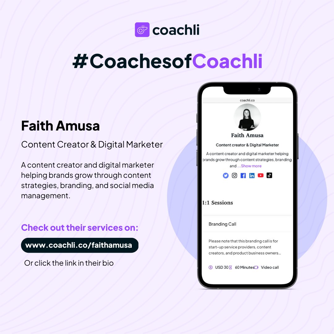 useCoachli's tweet photo. This week's #CoachesofCoachli spotlight is Faith Amusa (@_faithamusa_) 👏🏽⭐️
Faith is a content creator and digital marketer helping brands to grow through content strategies, branding and social media management. https://t.co/lxyMEZDq9k