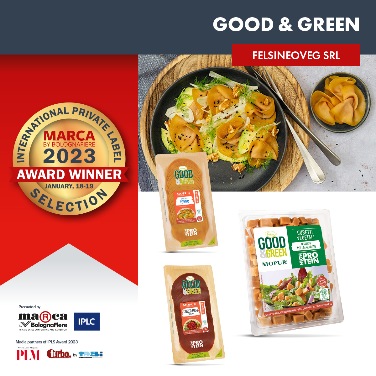 MarcaByBF's tweet photo. 🇬🇧#IPLSAward 23 (presentation of the winnig products) here: Good&amp;Green – #vegetarian cold cuts and cubes with full and well-balanced flavours. The secret is the Mopur®, a recipe of #sourdough and #organic #flours. Certified #vegan #plantbased products 👉https://t.co/5rkXjsxw6x https://t.co/AjcPiFukUv