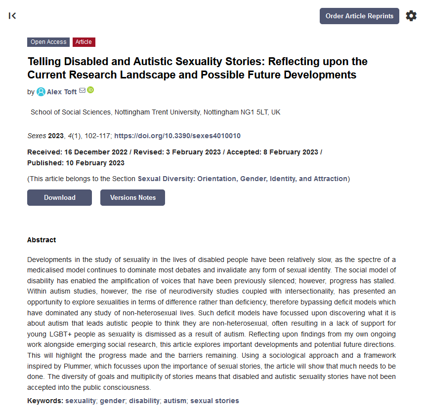 Sexes_MDPI's tweet photo. 📕📕Recommend our new  paper "Telling Disabled and Autistic #SexualityStories: Reflecting upon the Current Research Landscape and Possible Future Developments" by Alex Toft @attoftman from @TrentUni.
#sexual  #gender  #Disability 
Access for free👇👇
https://t.co/o9TLow57wF https://t.co/BZPdH6RvAD