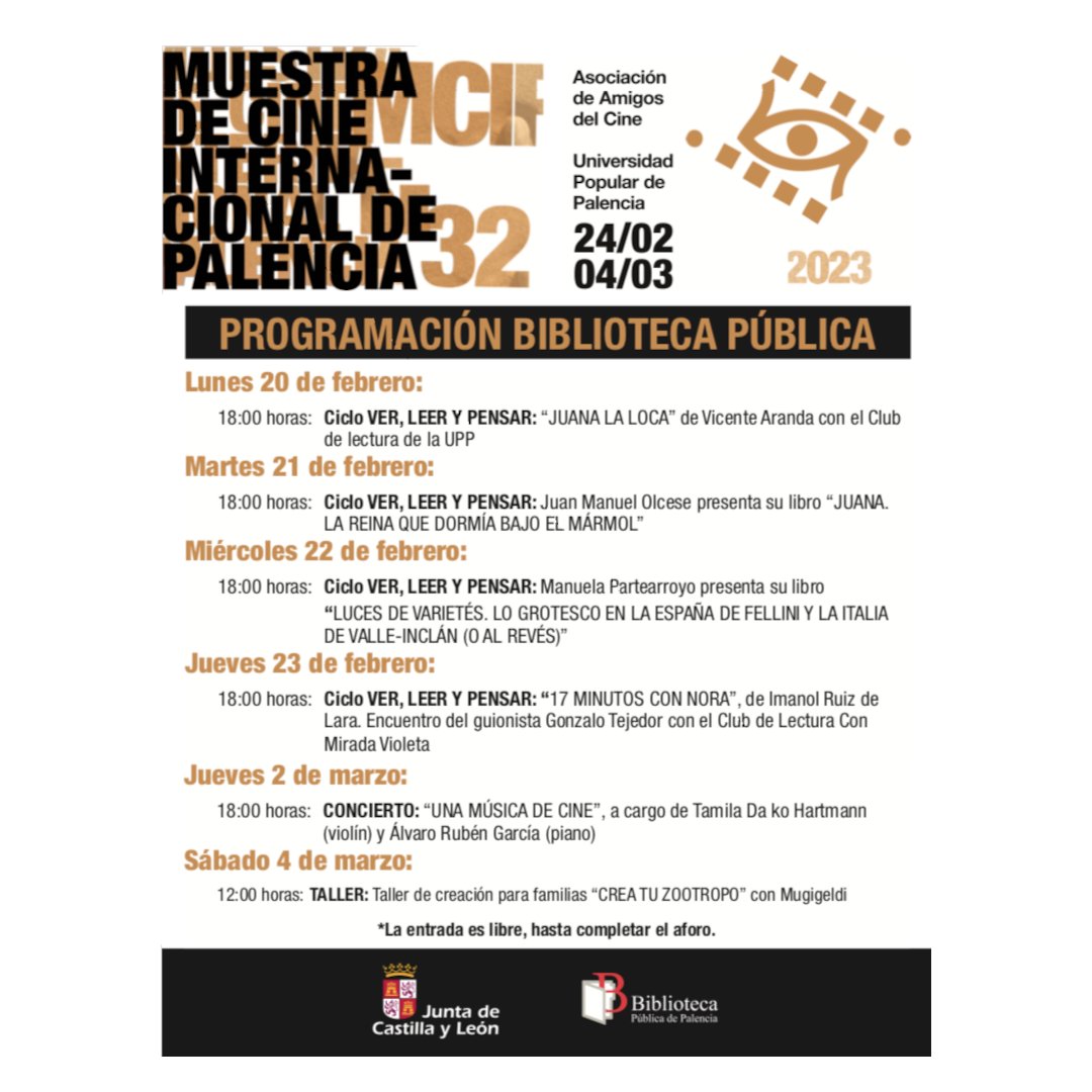 BiblioPalencia's tweet photo. ⚠️¡CAMBIO EN LA PROGRAMACIÓN!
HOY da comienzo en @BiblioPalencia el ciclo de cine y literatura 'Ver, leer y pensar' como actividad paralela de la #32MCIP
Más info.: https://t.co/c0gqqcqmI6
#VEN #bibliotecapublicapalencia
@oficial_mcip https://t.co/M08kOl5wIa