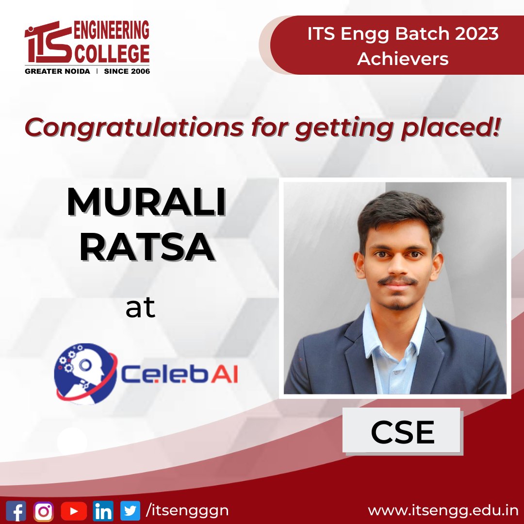 ITSEngggn's tweet photo. It is a pleasure to announce that 3 students of #BtechBatch2023- Akash Rai, Murali Ratsa & Sahil Hussain have been successfully placed in CelebAI Technologies ITS Engg. College offers their heartiest congratulations for their achievement.
#CRC #placement #itsengg #jobPlacement https://t.co/fYF8lfuyVo