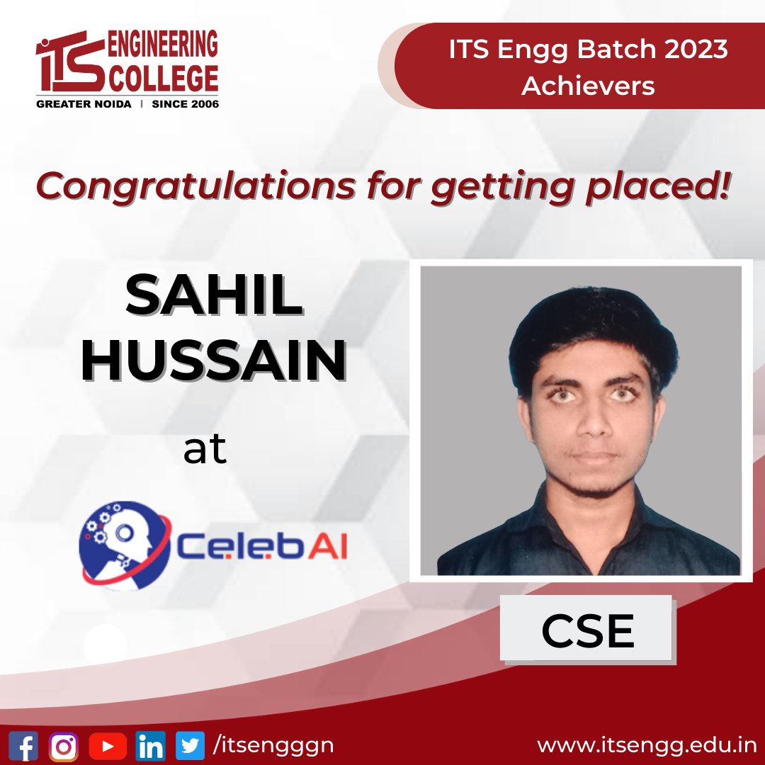 ITSEngggn's tweet photo. It is a pleasure to announce that 3 students of #BtechBatch2023- Akash Rai, Murali Ratsa & Sahil Hussain have been successfully placed in CelebAI Technologies ITS Engg. College offers their heartiest congratulations for their achievement.
#CRC #placement #itsengg #jobPlacement https://t.co/fYF8lfuyVo