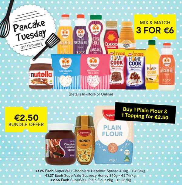 LucanSC's tweet image. At @SuperValuLucan  they’ve created a one-stop-destination for all your Pancake Day needs. Whether you are seeking sweet, savoury, plain or ready-made there’s pancake filling and toppings galore.
