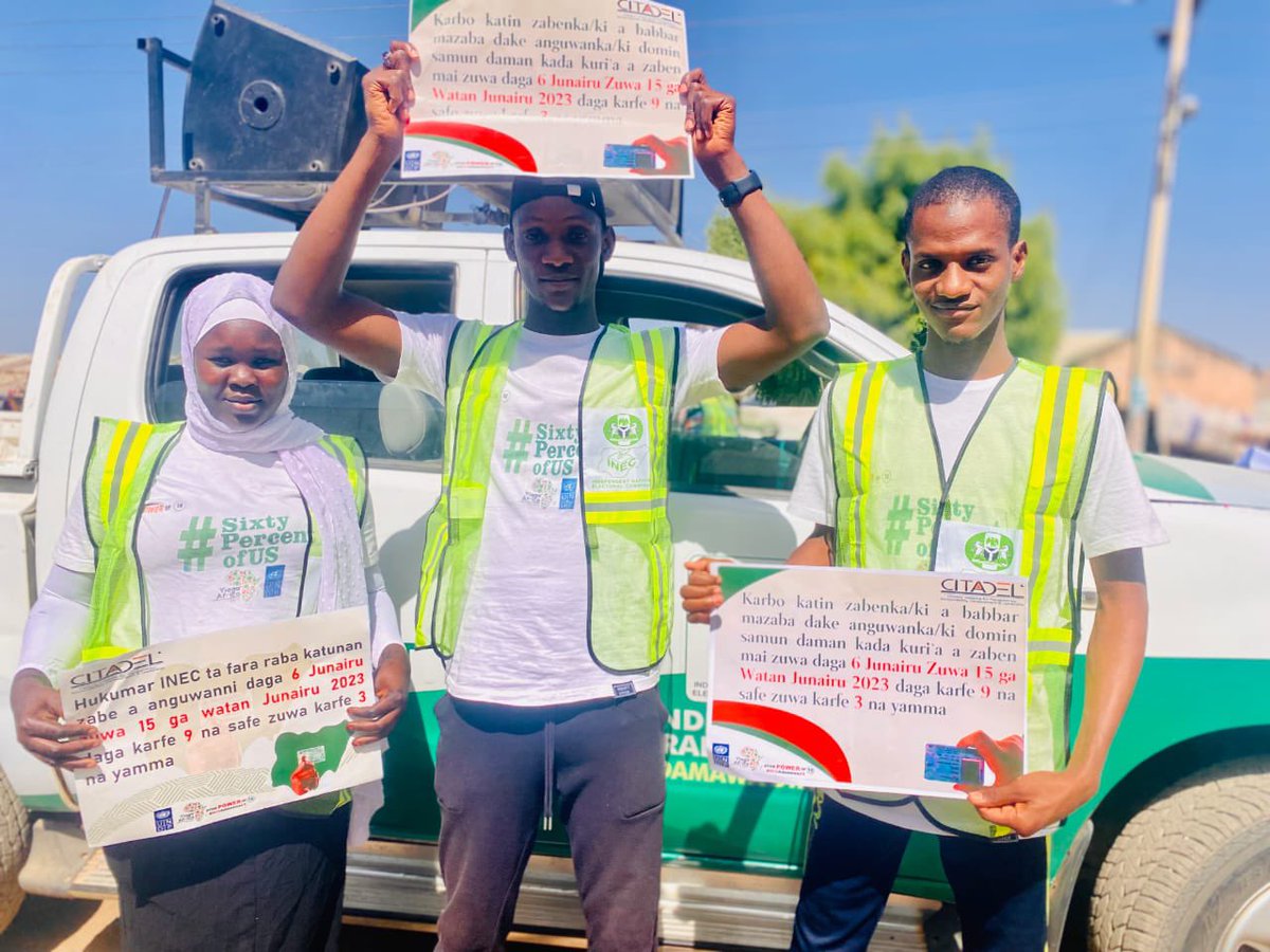 YIAGA's tweet photo. As we count down to #NigeriaDecides2023, Jabir is massively spreading the word of voter turnout in Adamawa state. 

Our #ThePowerOf18 winner makes us very proud, and we join him to ask the people of Adamawa state to come out in 5 days time to vote. 

#SixtyPercentOfUs https://t.co/l5FSYQcD1E