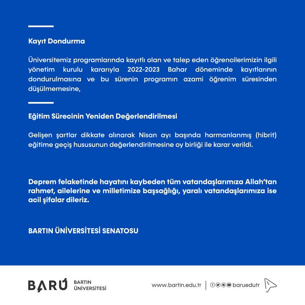 Bartın Üniversitesi 2022-2023 Akademik Yılı Bahar Dönemi Eğitim-Öğretim Süreçleri Hakkında ⤵️⤵️