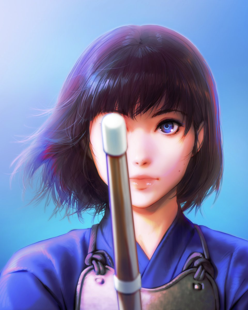 1girl solo weapon short hair blue eyes japanese clothes looking at viewer  illustration images
