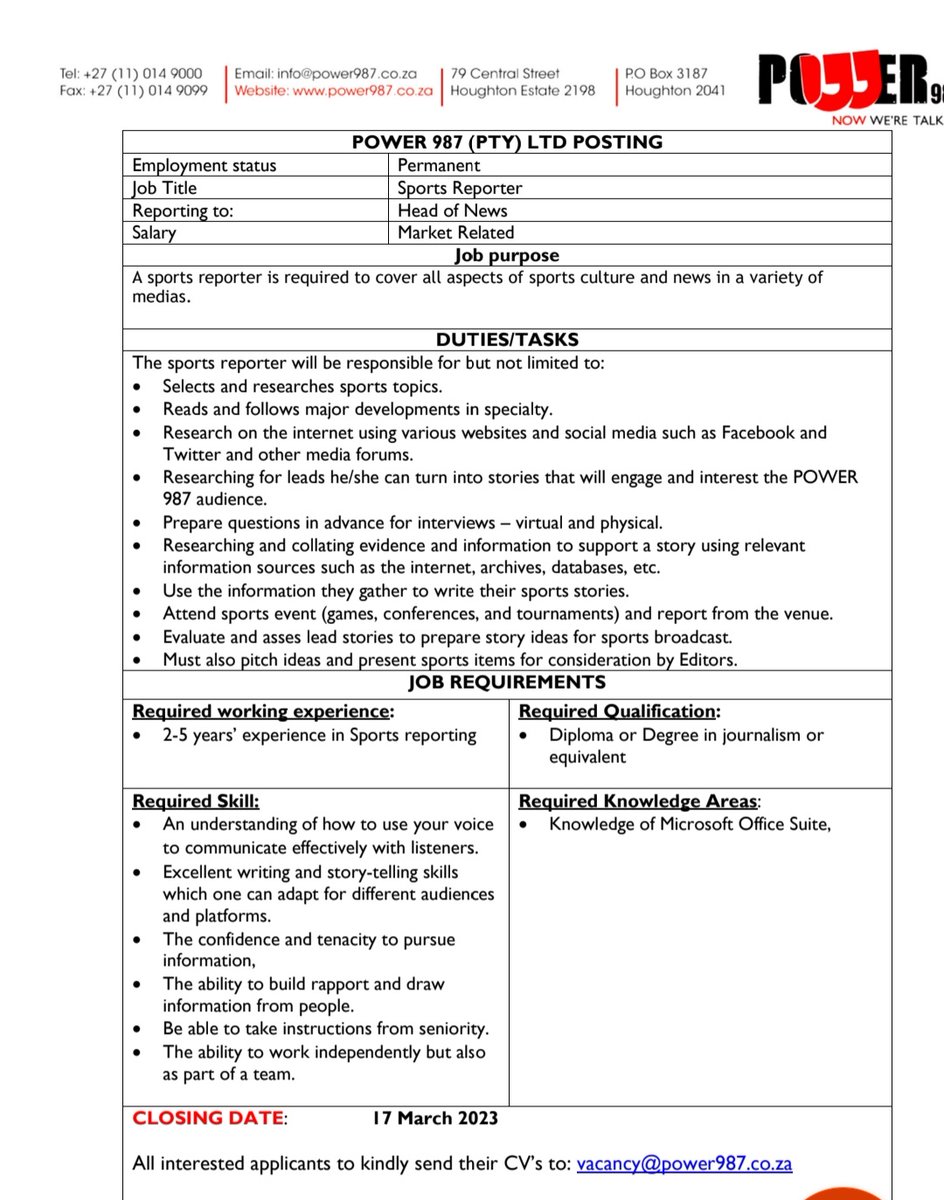 Power FM is hiring. Searching for a Sports Reporter. 
<a href="/Powerfm987/">POWER 98.7</a>