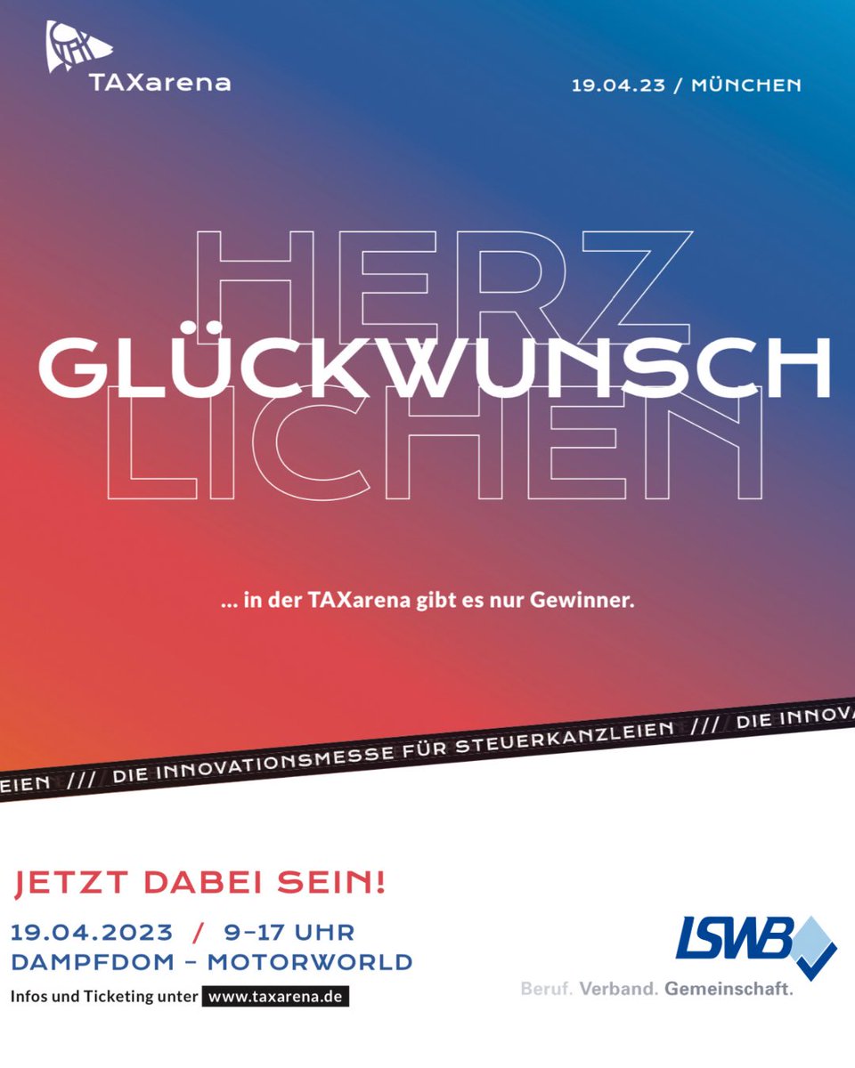 Am 19.04.2023 findet die #TAXarena in der Motorworld #München statt. Für alle, die neue Wege in der #Kanzlei gehen wollen, ist der Weg zur TAXarena garantiert ein Gewinn. Sie bietet erstklassige Rahmenbedingungen und einen optimalen Themen-Mix.
Tickets👉taxarena.de/muenchen