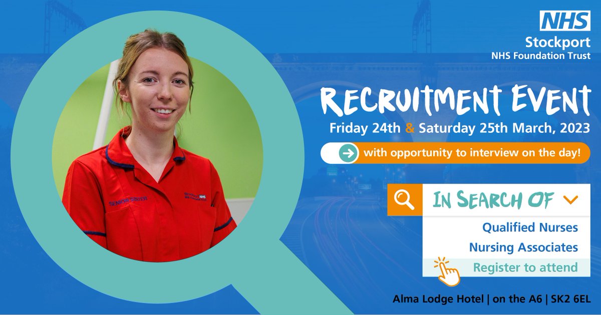We're holding events on the 24th &amp; 25th of March 2023 for Qualified and Student Nurses &amp; Nursing Associates ✨

We have vacancies available in our acute care services, in our main hospital site Stepping Hill, and in the community 🏥🏡

Find out more ➡️ just-r.com/stockport-gene…