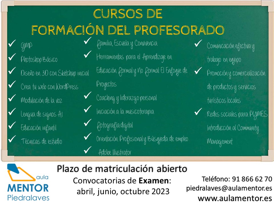 Abierto 𝒑𝒍𝒂𝒛𝒐 𝒅𝒆 𝒎𝒂𝒕𝒓𝒊𝒄𝒖𝒍𝒂𝒄𝒊ó𝒏 𝒆𝒏 𝒍𝒐𝒔 𝑪𝑼𝑹𝑺𝑶𝑺 𝑫𝑬 𝑭𝑶𝑹𝑴𝑨𝑪𝑰Ó𝑵 𝑫𝑬𝑳 𝑷𝑹𝑶𝑭𝑬𝑺𝑶𝑹𝑨𝑫𝑶. 
Puedes matricularte en la convocatoria de Formación del profesorado y una vez finalizado, quedará inscrito en el Registro de Formación del Profesorado