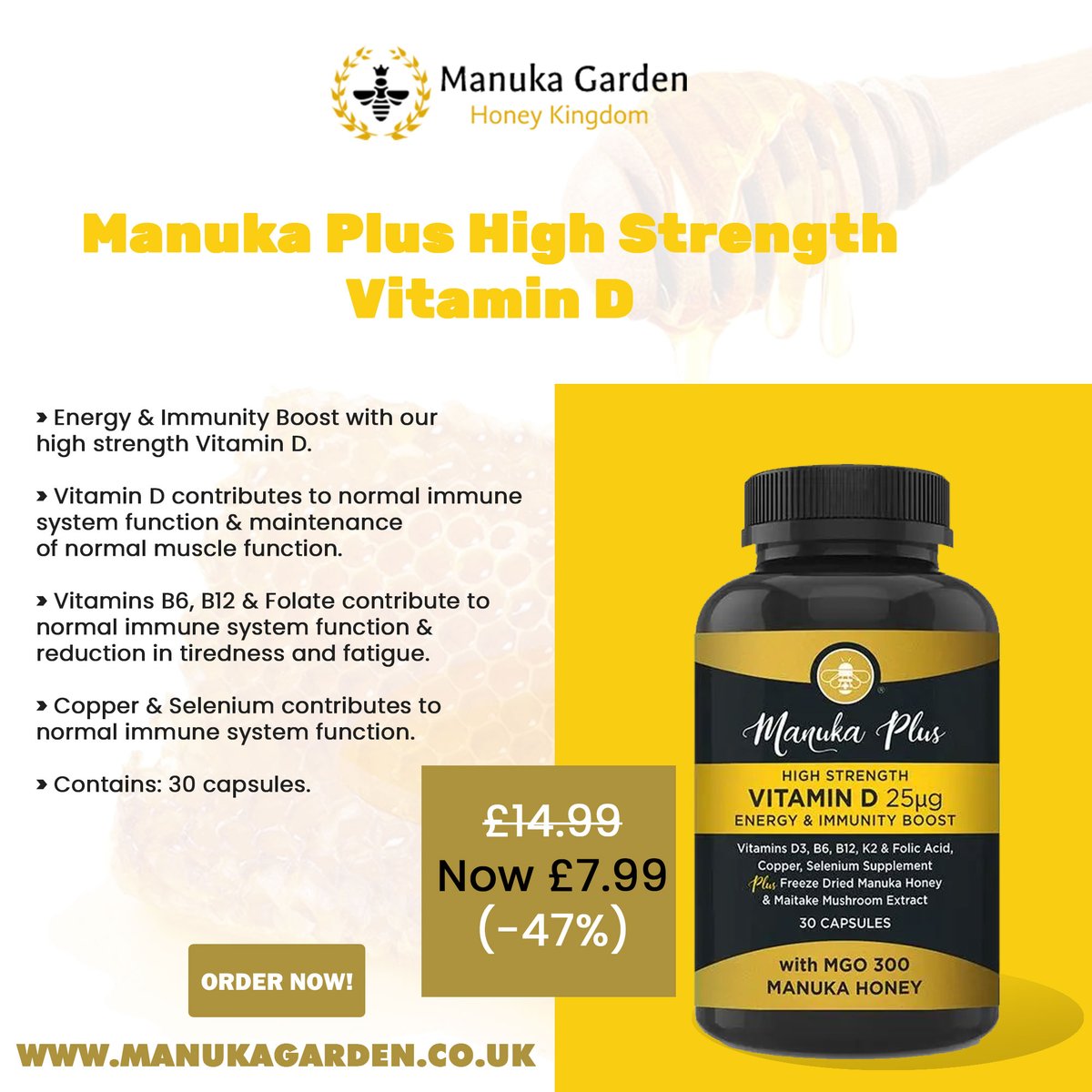 SPECIAL OFFER -47% Off
Manuka Plus High Strength Vitamin D
BUY NOW: manukagarden.co.uk/manuka-plus-hi…
.
#manukagarden #organicskincareproducts #honey #Tablets #vitamins #supplements #vitaminc #honeykingdom #manukahoney #ordernow #orderonline #shoponline #manuka #london #uk #newzealand