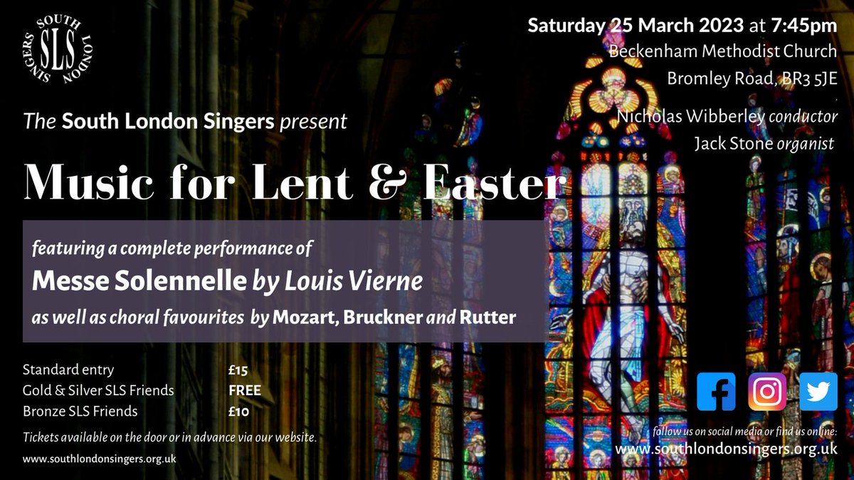 SLS_Beckenham's tweet photo. Join us for our Easter concert on 25th March in Beckenham.

Complete performance of Louis Vierne's Messe Solennelle - as well as choral favourites by Mozart, Bruckner &amp; Rutter.

#choirconcert #easter #eastermusic #easterconcert #lent #choralmusic #beckenham #bromley #southlondon https://t.co/p0LdxFmSUU