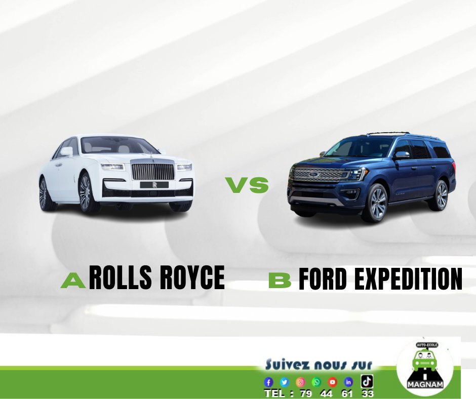 MagnamAuto's tweet image. Q𝙐𝙀𝙇𝙇𝙀 𝙀𝙎𝙏 𝙑𝙊𝙏𝙍𝙀 𝙑𝙊𝙄𝙏𝙐𝙍𝙀 𝙋𝙍𝙀́𝙁𝙀́𝙍𝙀́𝙀 ?

🅰. Rolls royce
🅑. Ford Expedition

📞 79 44 61 33
📌 Sogoniko près de la Station Shell .

#autoécole #Magnam #Mali #SécuritéRoutière #savoirconduire