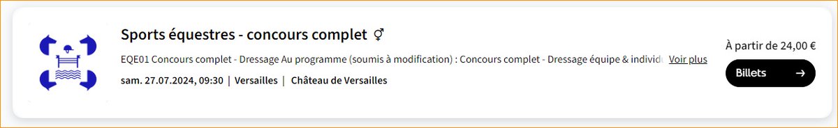 pwet84's tweet photo. 2) @Paris2024 : votre filtre "Disponible" ne fonctionne pas mieux. Exemple ici avec l'équitation qui apparait dans les résultats.
Mais une fois sur le détail, rien ne peut être sélectionné. https://t.co/AyykD80Jrf