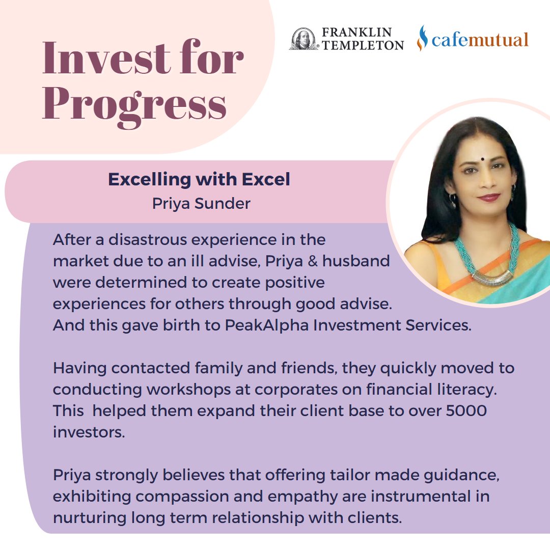 cafemutual's tweet photo. Franklin Templeton India, through their #InvestForProgress Campaign, in association with Cafemutual, bring to you inspiring stories of women MFDs who overcame hurdles and created a mark for themselves.
Lets take a look at Priya Sunder’s remarkable journey! @FTIIndia https://t.co/vxzNNOLRdy