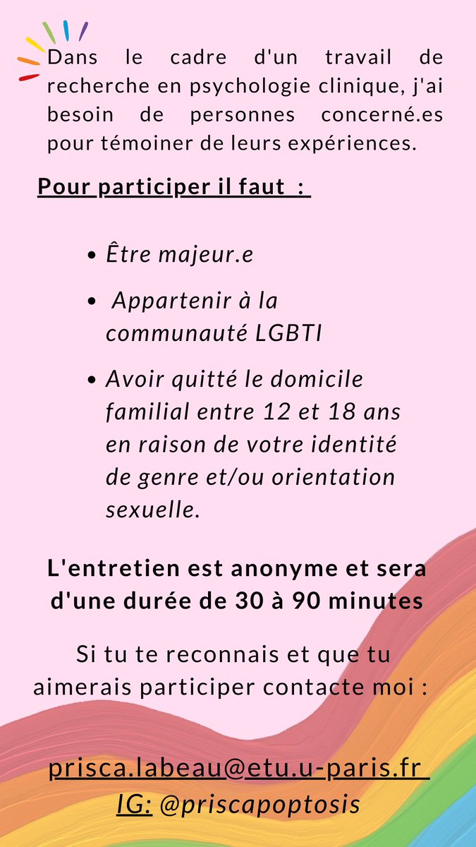 CentofAnarchy's tweet photo. Hello mes fellow queer ppl 🦦

Dans le cadre de mon TER en psychologie clinique, je recherche des participant•es pour des entretiens d'environ une heure. 
N'hésite pas à me contacter si tu  réponds aux critères. Je suis joignable ici, sur insta ou par mail 

RT très appréciés ! https://t.co/TqFBEmSZUR