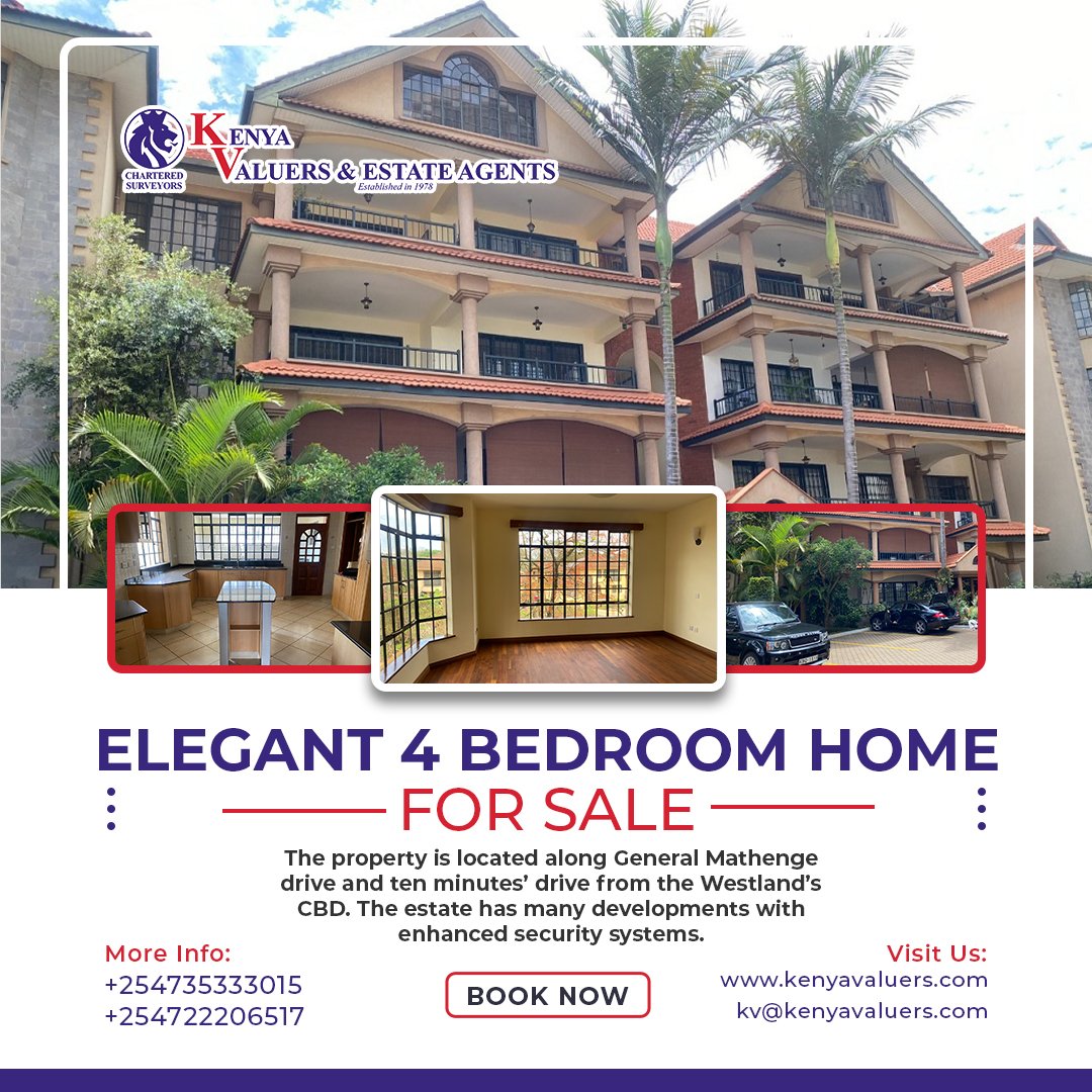 A 4 bedroom apartment with excellent finishes conveniently located close to Westlands, Sarit Centre & the Westgate Mall in a compound of 8
Asking Price : Ksh.  40 M.

#luxurylifestyle#realestate #Westlands #sarit #property #luxuryliving #modernhome #4bedroomapartment