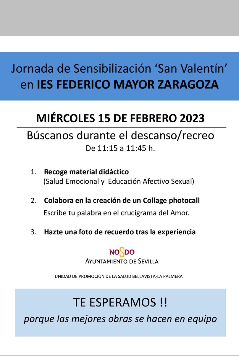 La semana pasada, nuestro alumnado celebró el Día Europeo de la Salud Sexual con la Jornada de Sensibilización "San Valentín", junto a <a href="/ayto_promosalud/">Promoción de la Salud Sevilla</a>