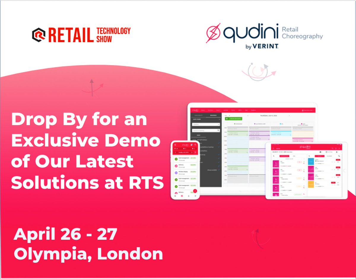 Catch Qudini by Verint at #RTS2023! Book an appointment for a quick demo of our Retail Choreography. Software at stand 5D56 on April 26th or 27th in the Olympia Exhibition Center or drop by on the day.

Book now: hubs.li/Q01CnsX30 #RetailTechShow #RTS