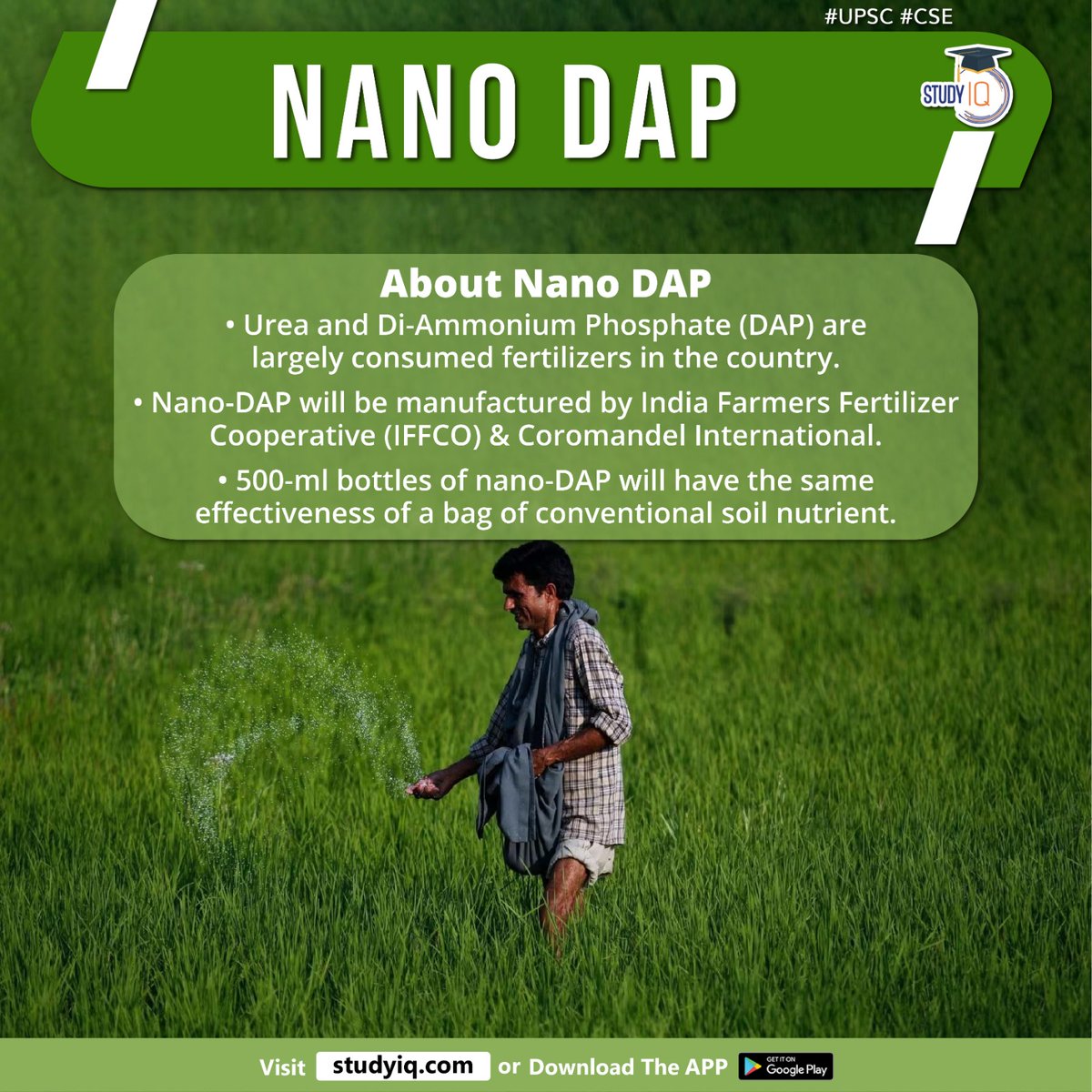 upsciq's tweet photo. Nano Dap
#nanodap #whyinnews #agricultureministry #diammoniumphosphate #dap #fertilizers #indiafarmers #fertilizercooperative #iffco #coromandelinternational #soilnutrient #india #foreignexchange #instrumental #soil #air #waterpollution #nanofertilizers #opticalproperties #upsc https://t.co/YwneU08JMN