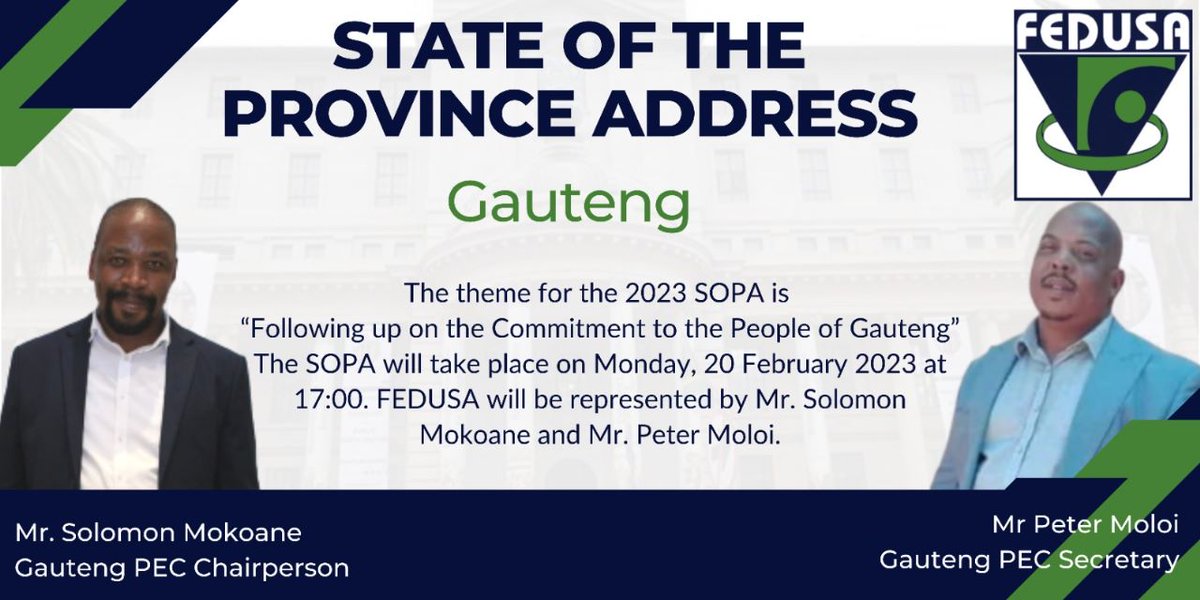 FEDUSAMedia's tweet image. Mr Solomon Mokoane and Mr Peter Moloi will represent FEDUSA at the Gauteng State of the Province Address that is taking place today.

#Gautengsopa 
#fedusacares 
#Altsa
#Hospersa
#Hiawu
#Ibsa
#Mtwu
#Misa
#Naptosa
#Nasuwu
#Nulaw
#Peu
#Psa
#Sacu
#Saou
#Saptu
#Tenusa
#Unipsawu
#Untu