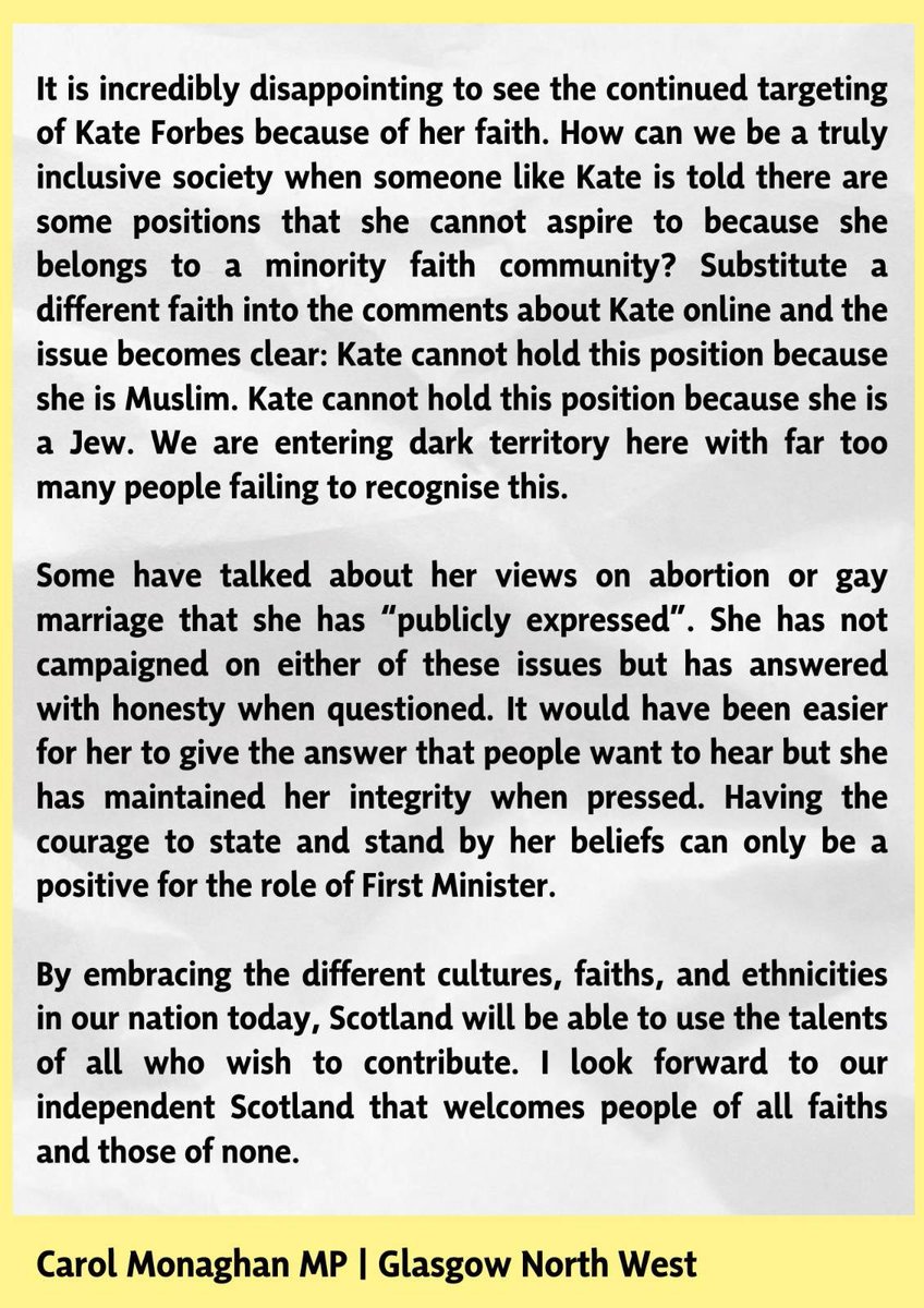 Carol Monaghan (@cmonaghansnp) on Twitter photo I am concerned about the ongoing targeting of <a href="/_KateForbes/">Kate Forbes MSP</a> because of her faith. My statement: I am concerned about the ongoing targeting of <a href="/_KateForbes/">Kate Forbes MSP</a> because of her faith. My statement: