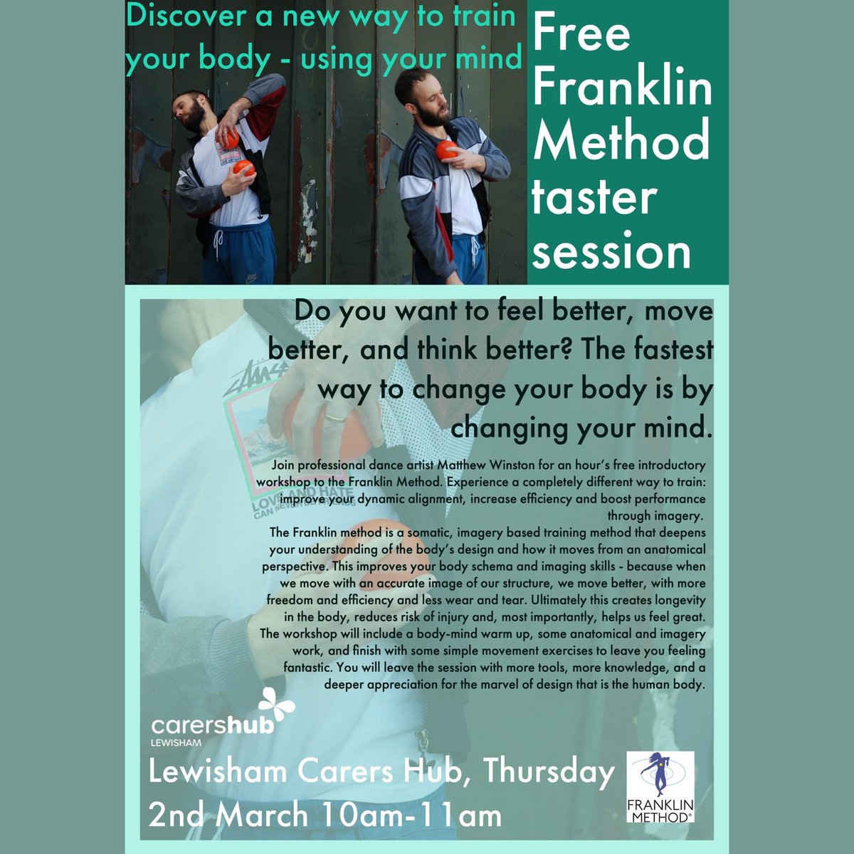 LewishamCarers's tweet photo. We are really excited to be offering FREE Franklin Method taster sessions.
➡️Our next class is:Thursday 2nd March 10am-11am at our Carers Hub.
For more info info@carerslewisham.org.uk Open to ALL unpaid carers in the Lewisham area.
#franklinmethod #unpaidcarers #lewisham https://t.co/NM481iH43o