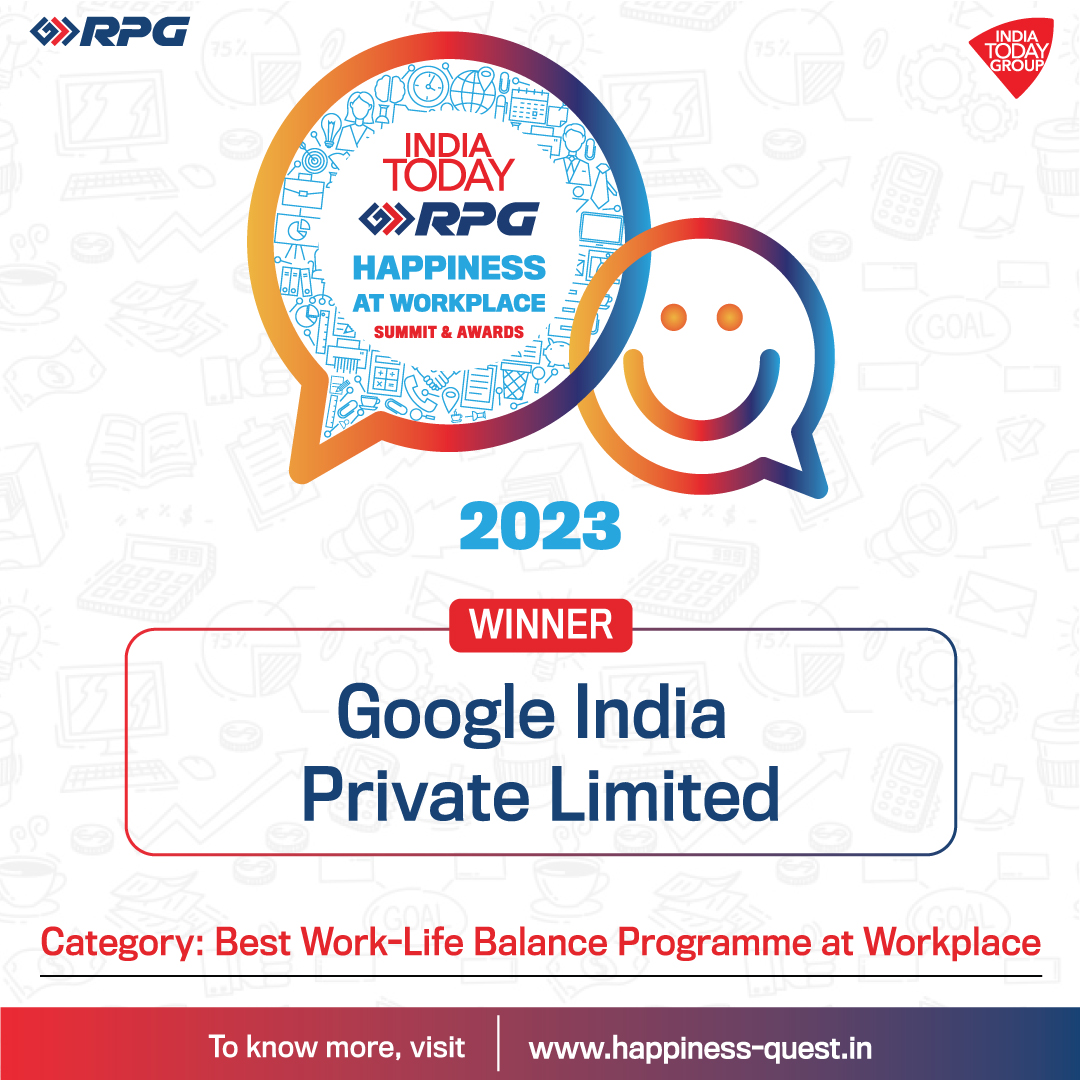 IndiaToday's tweet image. Google India Pvt Ltd wins award for Best Work-Life Balance Programme at Workplace

To know more about India Today-RPG Happiness At Workplace Summit &amp;amp; Awards, visit - happiness-quest.in

@RPGEnterprises | #happinessquest #rpg #rpggroup #rpgenterprises #happinessatworkplace