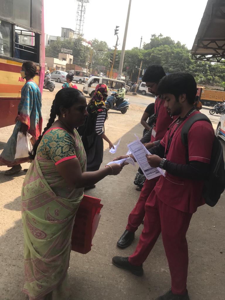 NSS, SRIHER together with Udhavikaram NGO organized Traffic regulations awareness campaign with focus on prevention of foot board travel in Ambattur estate bus stand on 18.2.2023. Program inaugurated by Ambattur estate police Inspector. 31 NSS volunteers created awareness