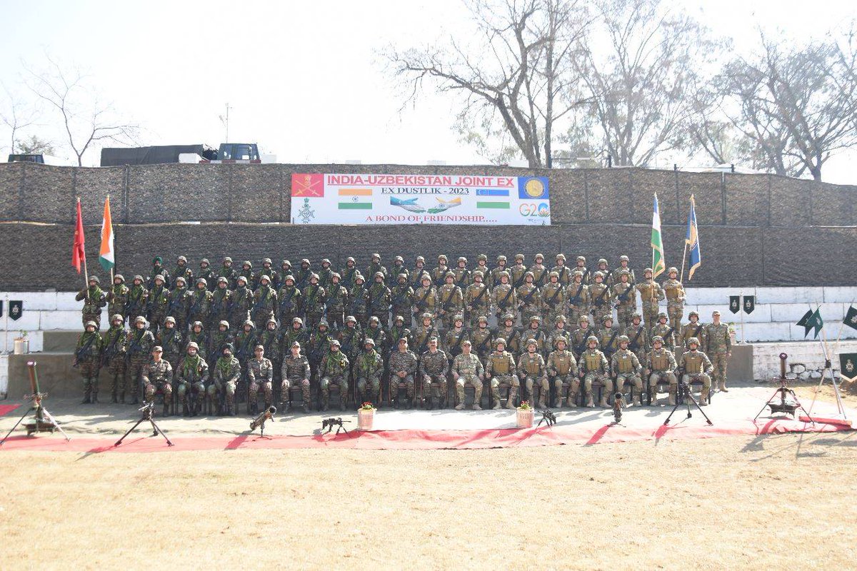 #ExerciseDustlik 2023

The 4th Edition of India-Uzbekistan Joint Military #ExerciseDustlik commenced today at Pithoragarh, #Uttarakhand. The 14 days joint training will focus on sharing best practices in Sub Conventional Operations under UN mandate. 

#IndiaUzbekistanFriendship