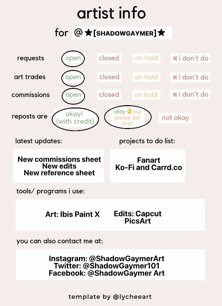 ShadowGaymer101's tweet photo. Current Artist Info
(will be making a new commissions sheet and reference sheet)
#artist #digitalartist #commissionsopen #OpenForCommission #opencommissions #commissions #artistinfo https://t.co/tIwumFF3pj