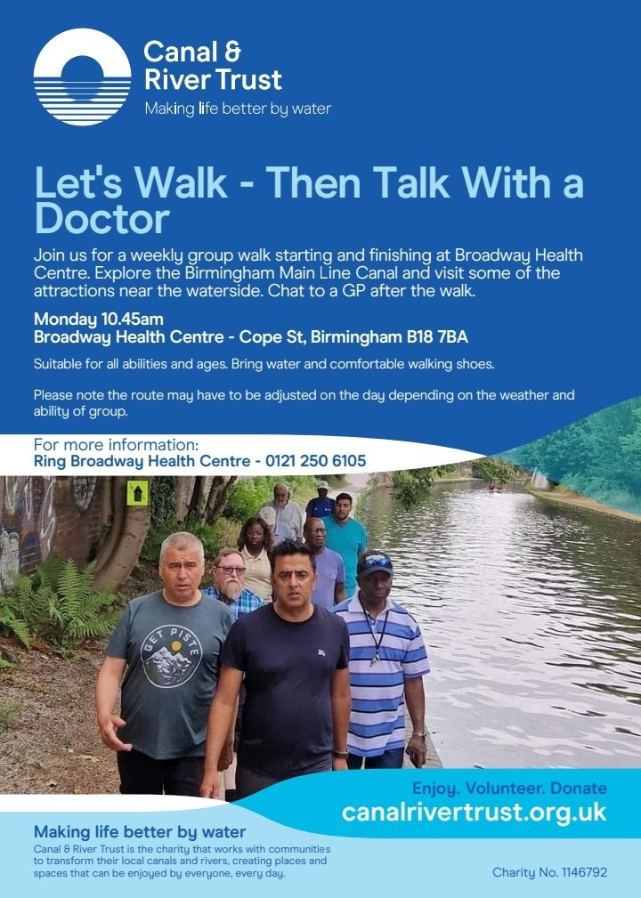 run_taz's tweet photo. A new day, a new week, a new adventure!
Mondays at 10.45am for a 11am start B18 7BA.
Open to all.
#letswalkwithadoctor
#letswalk
@BroadwayGP
@CRTWestMidlands
@CanalRiverTrust https://t.co/qatJd6qQYD