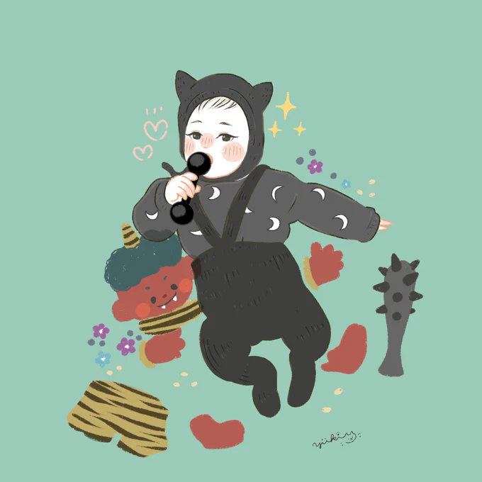 YUKIさん()に節分ムスコをかいてもらっちゃいました〜かわいいねえかわいいねえYUKIさんの色使いすきなんよね...嬉しい... 