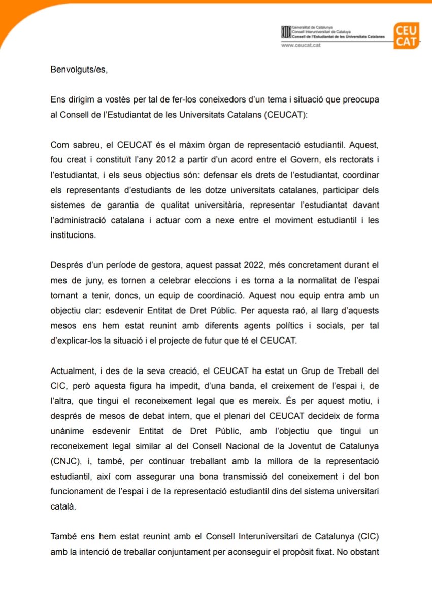 ceucat's tweet photo. 🔴 El @CEUCAT exigeix la dimissió de la secretària general del CIC, Cristina Gelpí.

👉 El CIC ens ha deixat sense mitjans.

👉 Constatem la impossibilitat de dialogar amb ella i arribar a qualsevol acord sobre la dignitat i reconeixement legal de la representació estudiantil. https://t.co/1eWlLJrQco