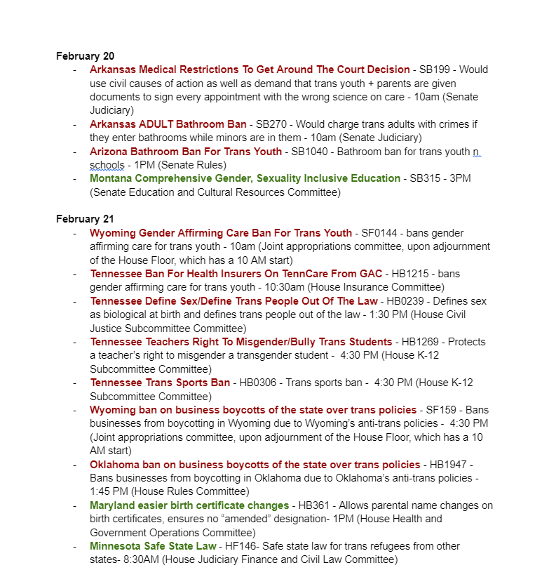 ErinInTheMorn's tweet image. Finally emerging from my COVID haze... this week we have some bad ones y'all.

If you are in:

Arkansas
Arizona
Montana
Wyoming
Tennessee
Oklahoma
Maryland
Minnesota

There are trans bills moving on the 21st and 22nd.

Here's my tracker. LMK if you have other bills these days.