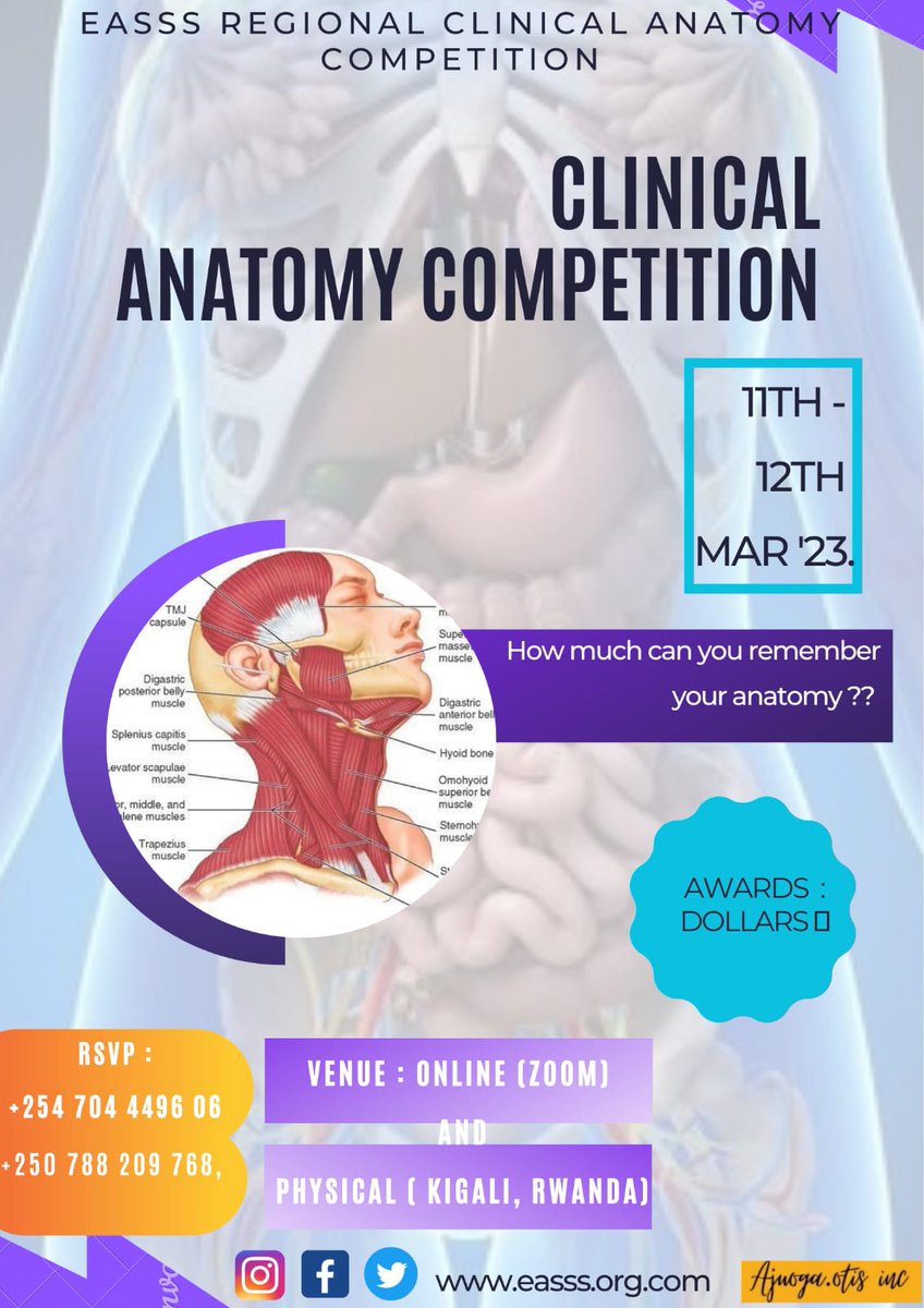 hey hey...
How much can you remember your anatomy....below is a chance to asses that.
Join us for the contest as from 11th-12th March,online via zoom and physically in Kigali,Rwanda.
See you there