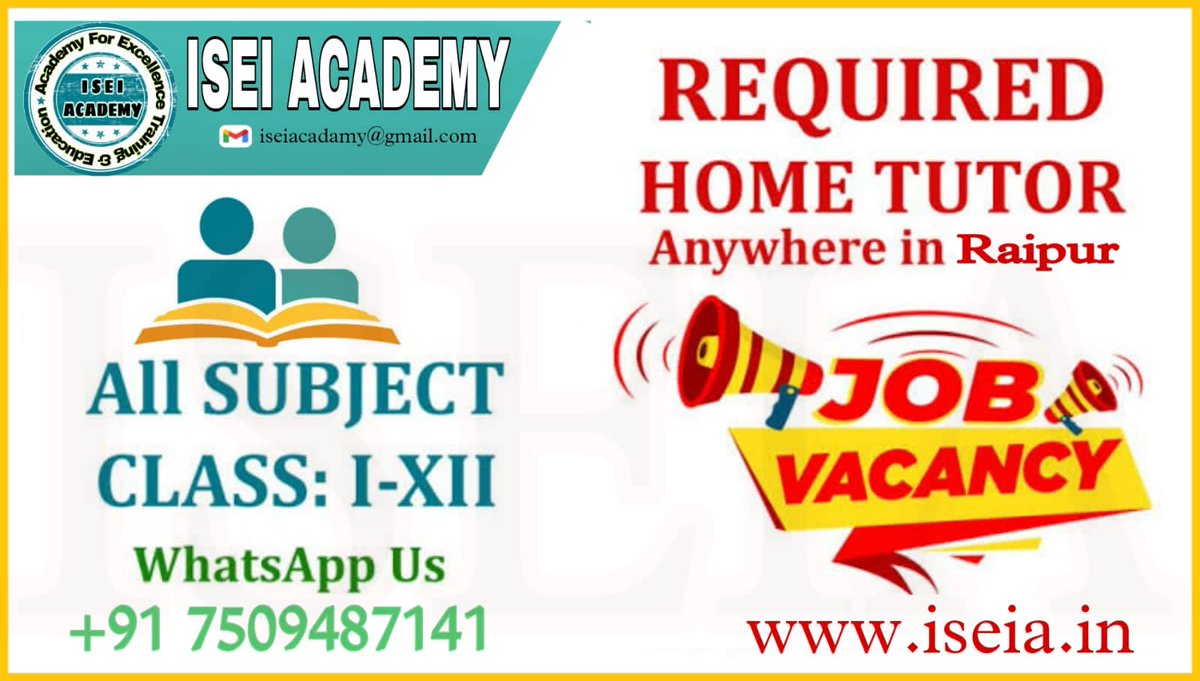 iseiacademy's tweet photo. #RequiredHomeTutor
✅Required Home Tutor for Raipur
✅Interested Candidate Send their update CV on email id 📧: iseiacademy@gmail.com
🌐: https://t.co/ScqZOnyWAA
#Tutor #Home #Tution #Training #Science #English #Match #Mowa #Raipur #Pandri #ISEIAcademy #ISEIA https://t.co/iO9tjlinu1