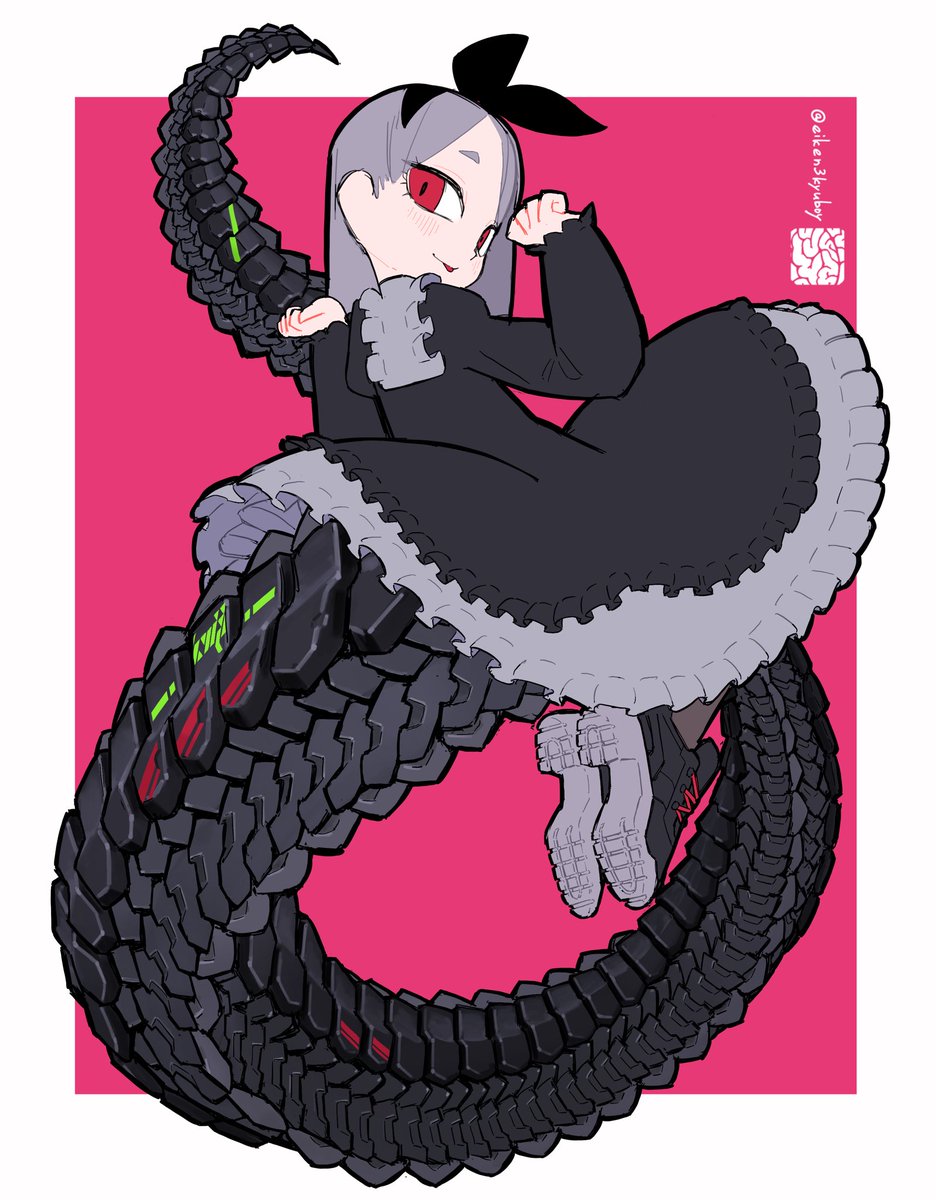 1girl dress tail red eyes black dress solo grey hair  illustration images