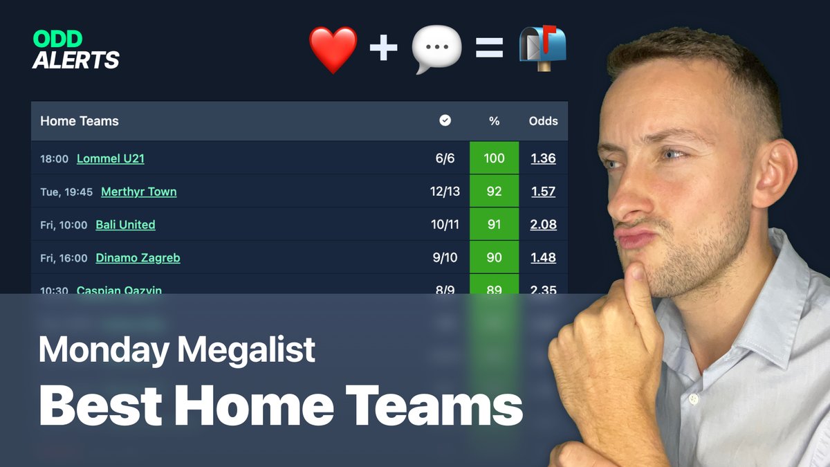 📊 Monday Megalist!

✍️ This list contains all the home teams playing in the next 5 days, ranked by the % of games won on their own patch.

Want me to automatically DM you the list?

1) Reply 'Send'
2) Like
3) Follow <a href="/oddalerts/">OddAlerts</a> 

✨ (+ a bonus list of the worst away teams...)