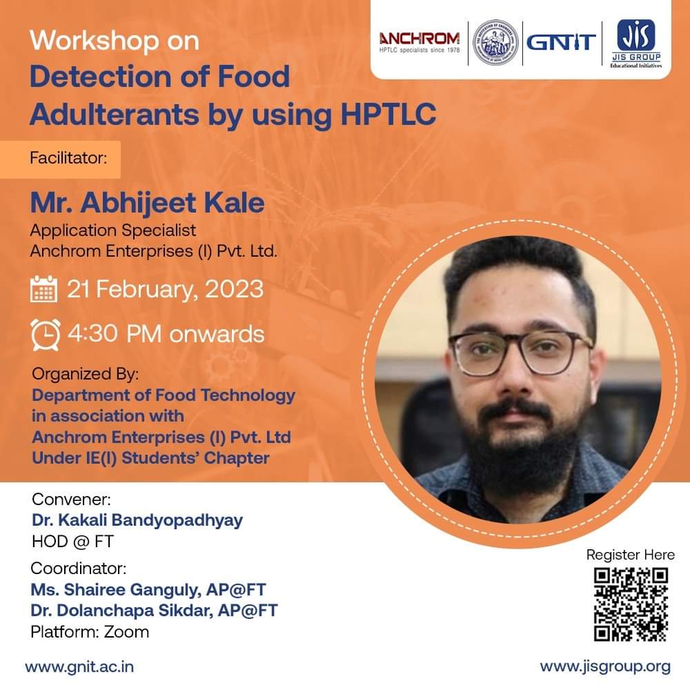 gnitsodepur's tweet image. Workshop on
Detection of Food Adulterants
by using HPTLC
21 February 2023
4:30 PM onward

#Workshop #Workshops2023 #Foodtechnology #Foodtechnologist
#Foodtech #Adulterants #Detection #FoodAdulteration #HPTLC
#Quality #Food #Foodquality #Foodcontrol #Qualityfood #BTech #Foodtest