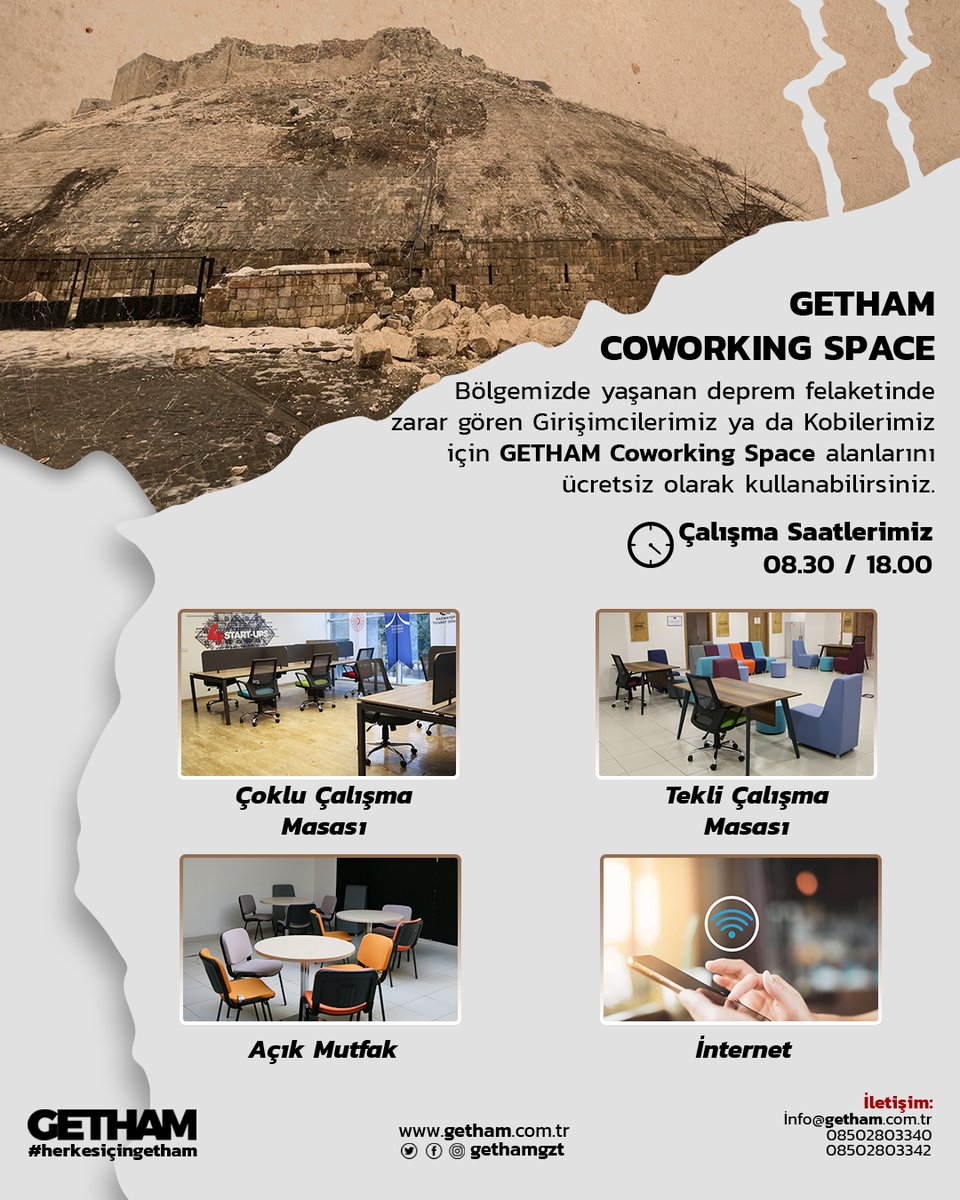 gethamgzt's tweet photo. #getham #herkesicingetham #coworkingspace #deprem #gaziantepdeprem #malatyadeprem #hataydeprem #adıyamandeprem #kahramanmaraşdeprem #kilisdeprem #osmaniyedeprem #diyarbakırdeprem #adanadeprem #şanlıurfadeprem https://t.co/ZM4a1p2Qs4