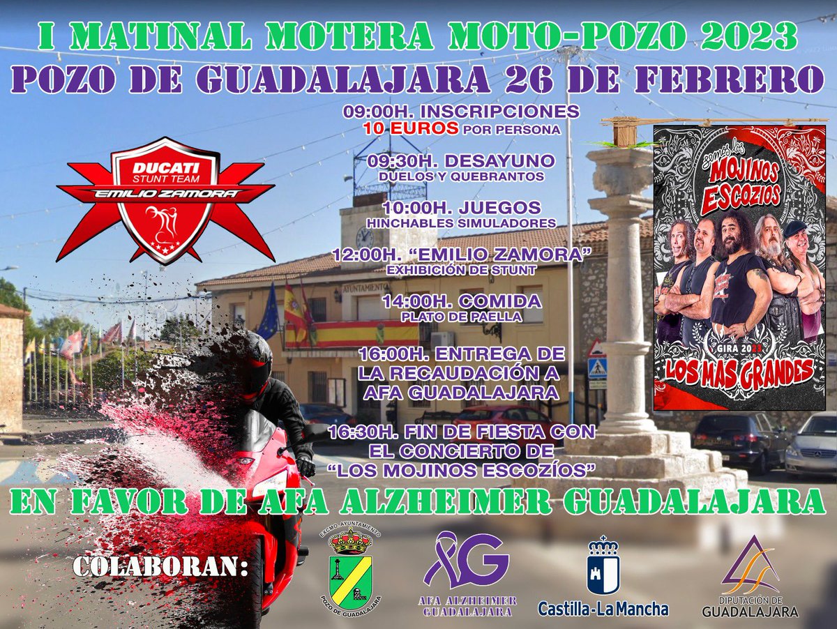 Próximo domingo 26 feb I Matinal Motera Moto-Pozo en Pozo de Guadalajara!Desayuno, juegos, <a href="/SimuladorXBike/">Xbike</a>, <a href="/mototrainerib/">Moto Trainer Ibérica</a>, paella, Stunt y conciertazo <a href="/Mojinosescozios/">Mojinos Escozios</a> 

Todo lo recaudado ira destinado a <a href="/AFAGuadalajara/">alzheimerguadalajara</a> 
+ info e inscripciones en Gaslap.com
Gaaaaas