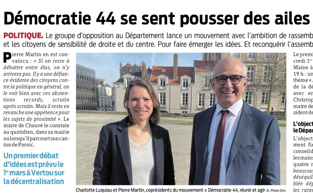 democratie44's tweet photo. 🗓️ J-9 ! @presseocean : #Democratie44 « lance un mouvement avec l’ambition de rassembler les élus et les citoyens de sensibilité de droite et du centre. Pour faire émerger les idées. Et reconquérir l’assemblée. » 👉🏻 rendez-vous le 1er mars à Vertou https://t.co/AFApdGSc2f https://t.co/JxWi5x1h10