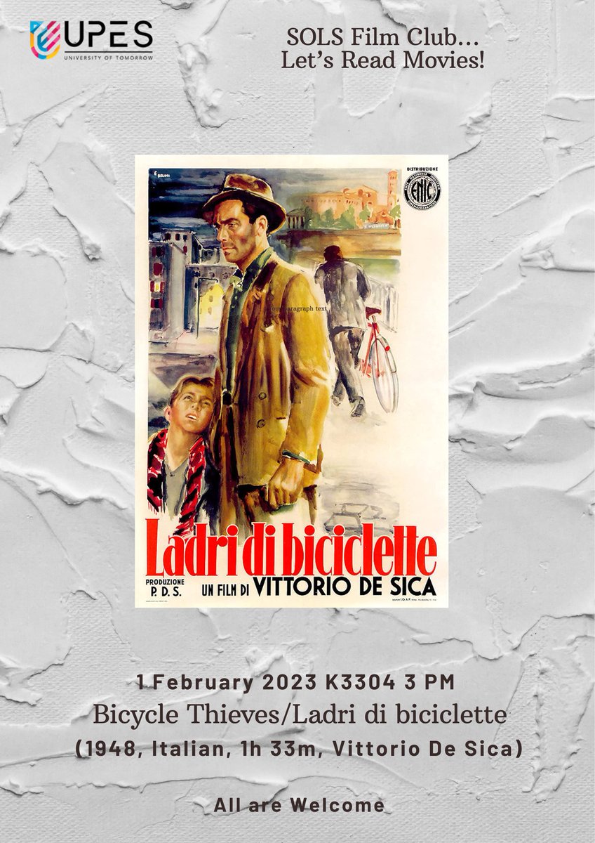 SOLS_UPES's tweet photo. SOLS Film Club screened De Sica's classic Bicycle Thieves (1948). Abhishek Dwivedi, a Ph.D. scholar at @SOLS_UPES, said, "Bicycle Thieves...stirs human consciousness to the core and pushes the bar of storytelling for contemporary filmmakers." @__immensentiny_  
@UPESDehradun https://t.co/5DI54X2Gc8