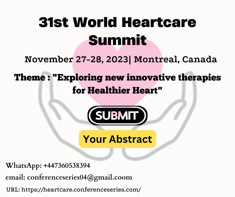 TechORate1's tweet image. 31st world’s leading Scientific Event Organizer invites all the Speakers, Students and Scientists to attend #Heartcare_Summit conference during #November 27-28, 2022 at #Montreal, #Canada
WhatsApp : +44 7360538394
see more : heartcare.conferenceseries.com