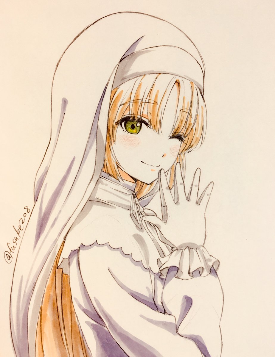 sister cleaire 1girl solo long hair white capelet gloves nun one eye closed  illustration images