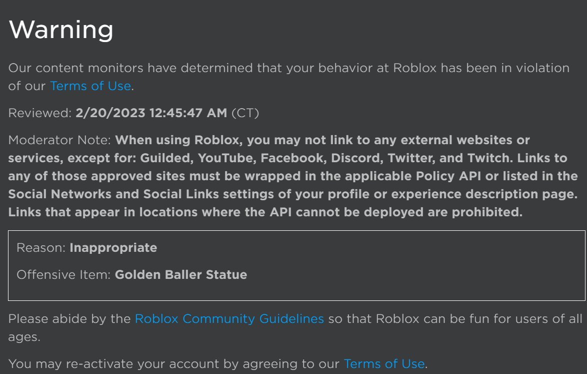 MrHotTopic3's tweet photo. Roblox cannot be serious ๐
#ROBLOX #moderationfordummies #idiots #BBTU #RobloxDev #RobloxDevs https://t.co/FtmBuEq8cS