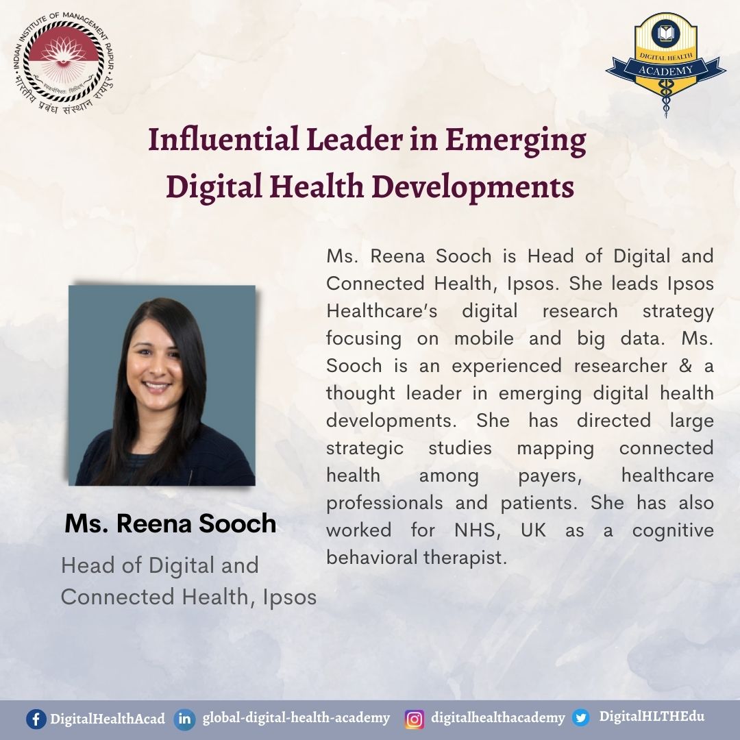DigitalHLTHEdu's tweet photo. The @DigitalHLTHEdu is honored to welcome Ms. Reena Sooch, Head of Digital and Connected Health, @IpsosUK as a #faculty #member for the #PostGraduateCertificateProgramme in #DigitalHealth.
Course commencing from 21st February 2023
To know more, visit: https://t.co/iKyAVhL6eV https://t.co/koBY9tYunq